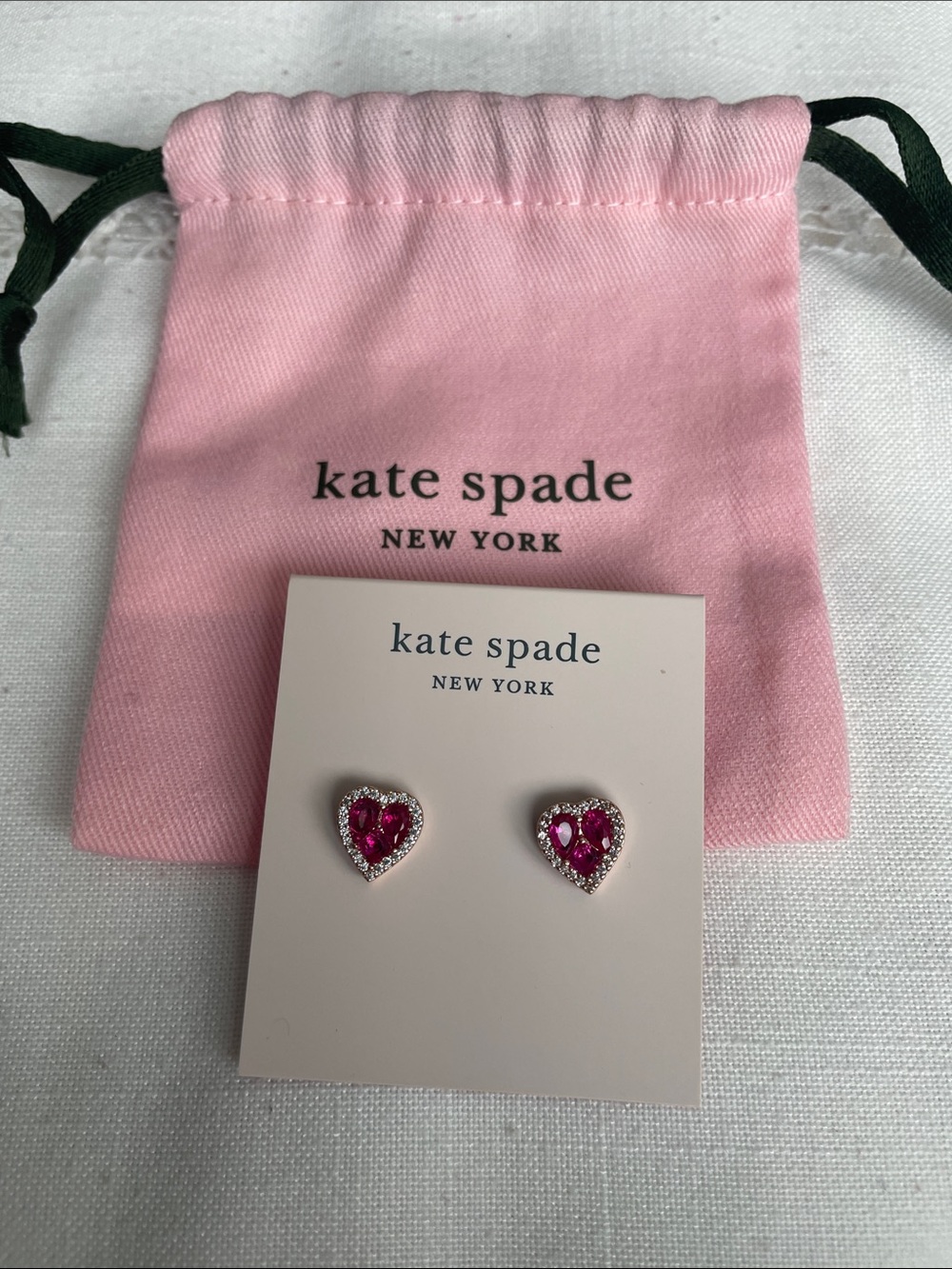 kate spade Heart Stud Earrings in Fuchsia and Clear Crystals With Dust Bag NWT